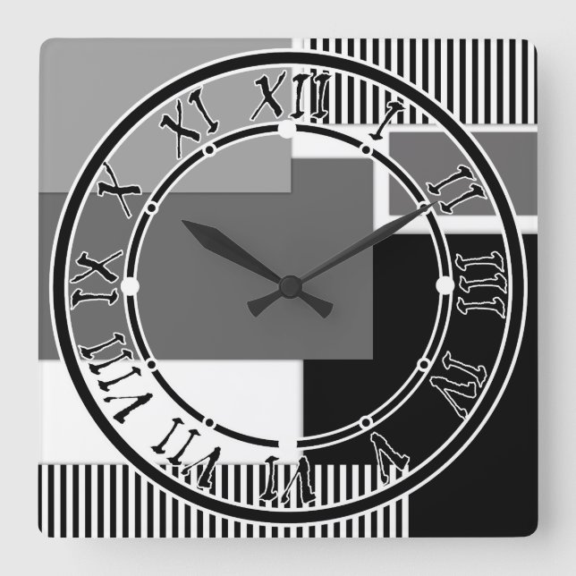 Relógio Quadrado Formas geométricas pretas e brancas (Frente)