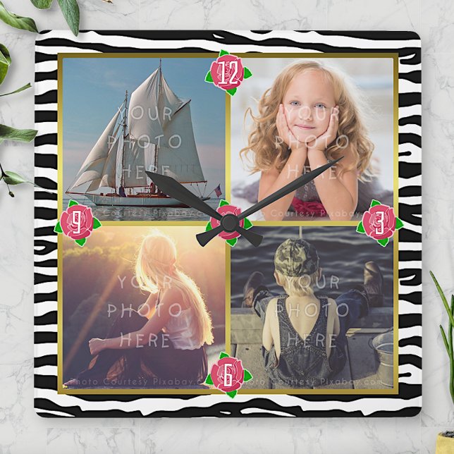 Relógio Quadrado Foto da família Adicionar 4 imagens personalizadas (Criador carregado)