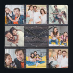 Relógio Quadrado Foto da Família Personalizada Colagem Moderna de M<br><div class="desc">Família Personalizada 8 - Colagem de Fotos em um moderno e elegante fundo de madeira escura (impresso). Excelente personalizado presente para Dia de os pais, Dia de as mães ou como presente para avós e avós para aniversários ou feriados familiares. Atualize com as suas 8 fotos favoritas e este será...</div>