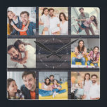 Relógio Quadrado Foto da Família Personalizada Colagem Moderna de M<br><div class="desc">Família Personalizada 8 - Colagem de Fotos em um moderno e elegante fundo de madeira escura (impresso). Excelente personalizado presente para Dia de os pais, Dia de as mães ou como presente para avós e avós para aniversários ou feriados familiares. Atualize com as suas 8 fotos favoritas e este será...</div>