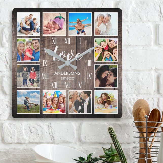 Relógio Quadrado Foto da família personalizada Rustic Farmhouse Lov (Criador carregado)