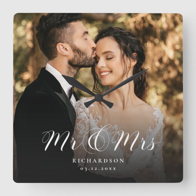 Relógio Quadrado Foto de Casamento de Script Elegante Moderno - Chi (Frente)