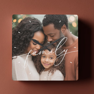 Relógio Quadrado Foto de Família com Sobreposição de Roteiro Elegan