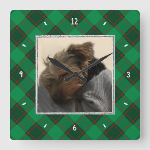 Relógio Quadrado Foto de Natal Personalizada - Xadrez Vermelha e Ve