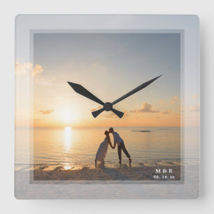 Relógio Quadrado Foto do Aniversário de Casamento Minimalista Moder