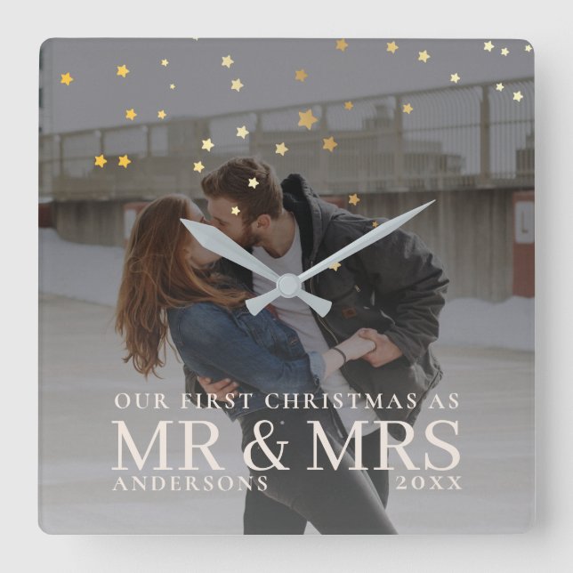 Relógio Quadrado Foto do Casal Escuro e Dusky com estrelas para o N (Frente)