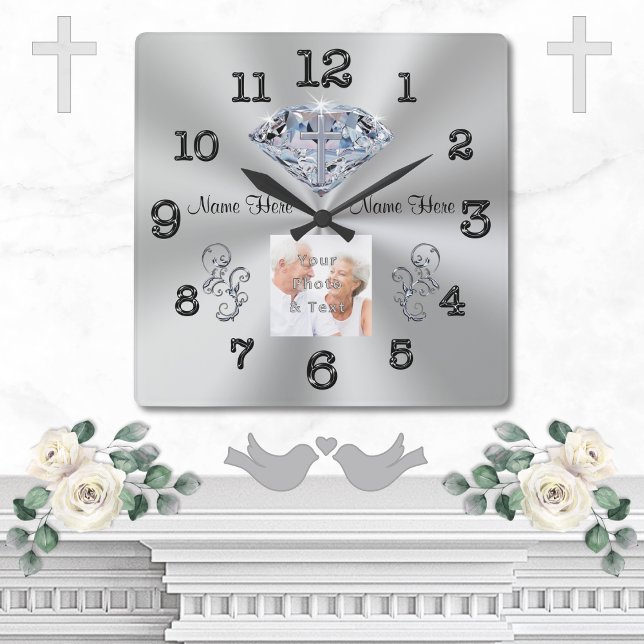 Relógio Quadrado FOTO e NOMES Cruzados em Presentes de Aniversário  (Diamond Anniversary Clock. 10 year wedding anniversary gifts. Christian, 60th anniversary gift ideas)