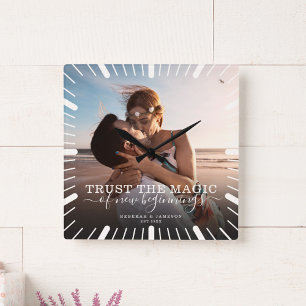 Relógio Quadrado Foto mágica de Convivência de Casamento de Chic 