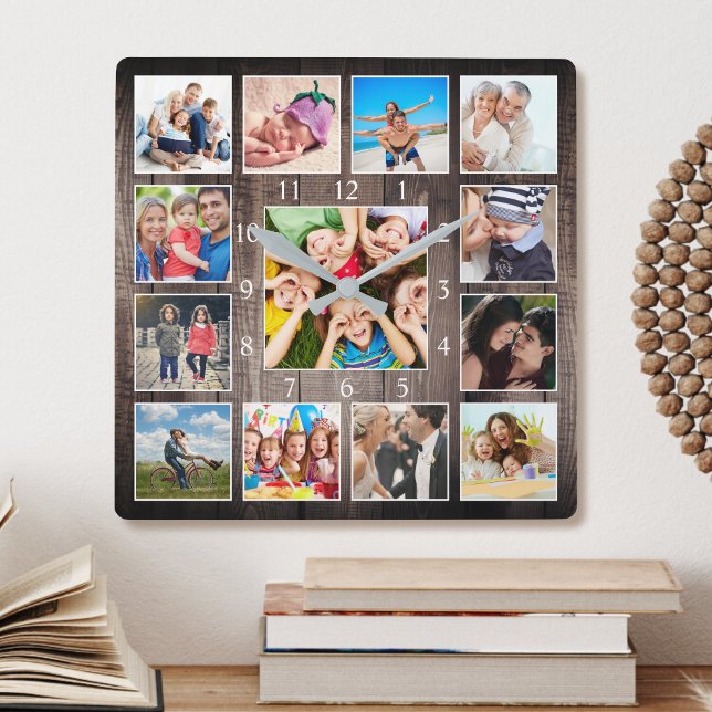 Relógio Quadrado Foto Personalizada Colagem Farmhouse Rustic Family (Criador carregado)