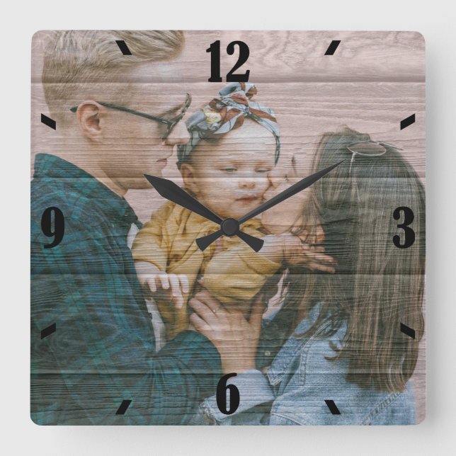 Relógio Quadrado Foto personalizada com efeito de madeira rústica (Frente)