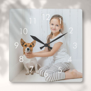 Relógio Quadrado Foto personalizada com números brancos simples