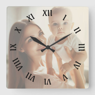 Relógio Quadrado Foto personalizada e números romanos elegantes