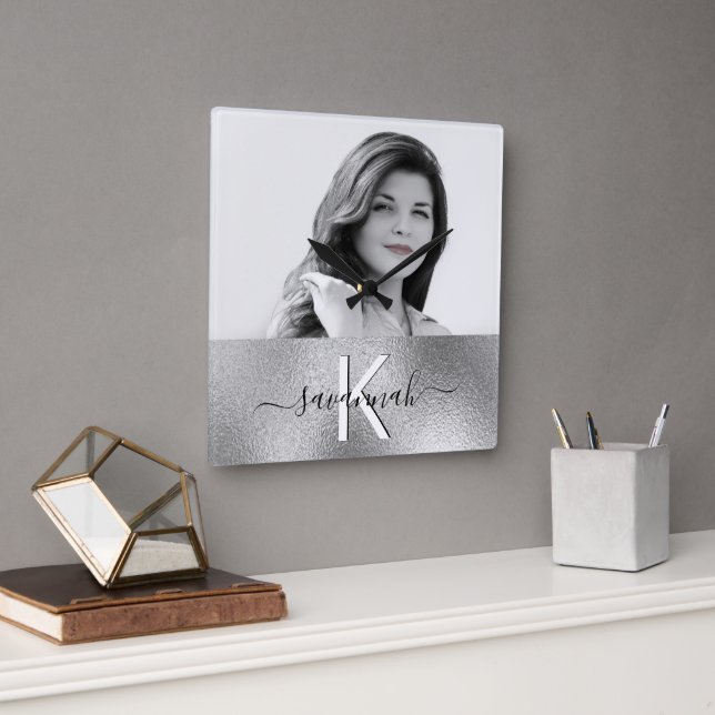 Relógio Quadrado Fotografia personalizada com o nome prateado do sc (Escritório)