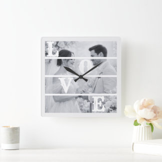 Relógio Quadrado Fotos de Casamento Personalizadas "AMOR"