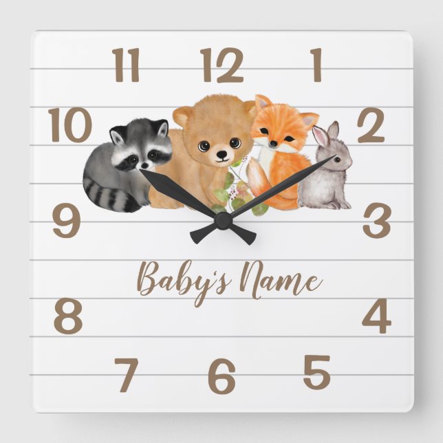 Relógio Quadrado Fox Bear Raccoon Bunny Nursery Clocks (Frente)