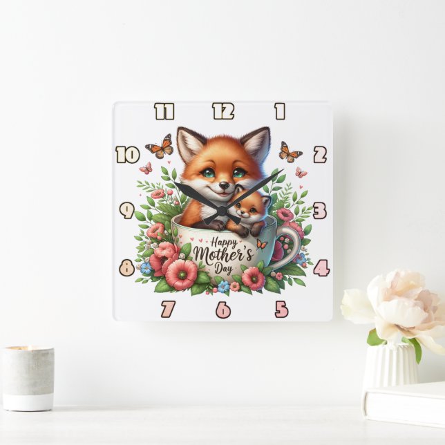 Relógio Quadrado Fox Mãe: Cubo, Flores, Dia de as mães (Lar)
