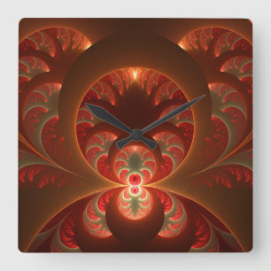 Relógio Quadrado Fractal laranja vermelho moderno abstrato luminoso