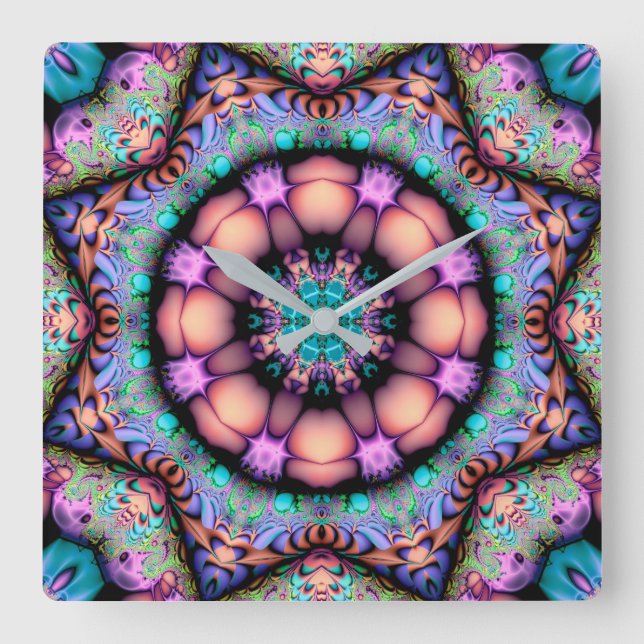 Relógio Quadrado Fractal Mandala Floral Psicodélico (Frente)