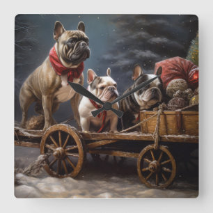 Relógio Quadrado Francês Bulldog Snowy Sleigh Decência de Natal