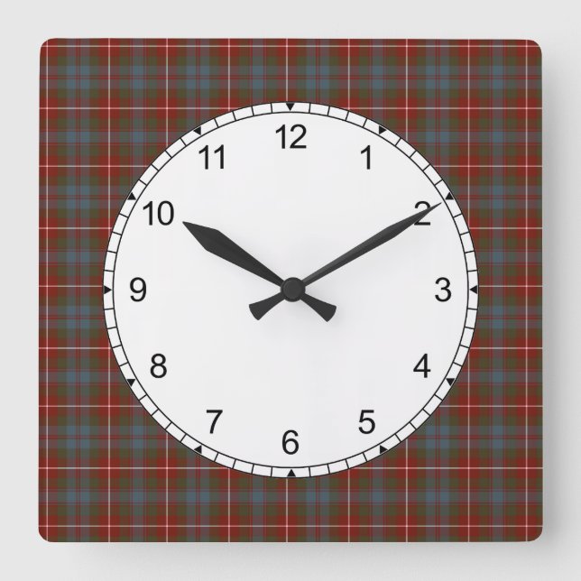 Relógio Quadrado Fraser Azul e Vermelho Escuro de Lovat Tartan (Frente)