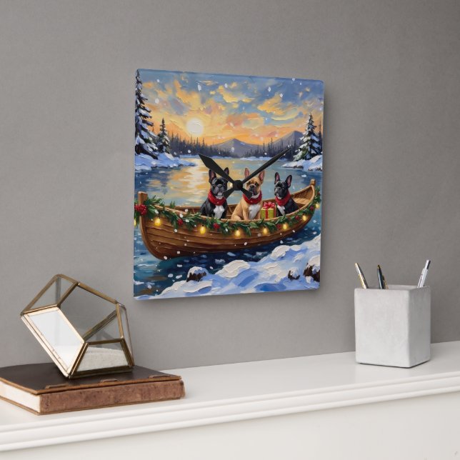 Relógio Quadrado French Bulldog Christmas Boat Holiday (Escritório)