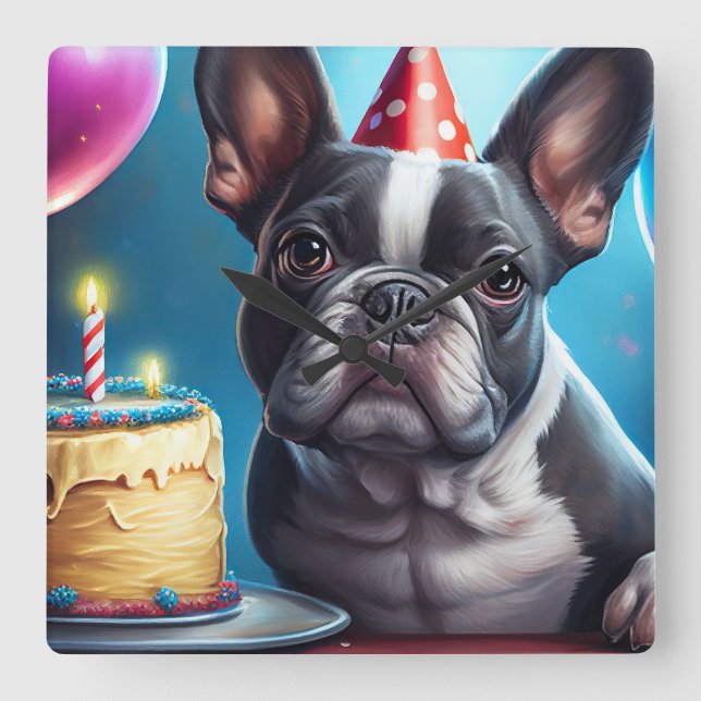 Relógio Quadrado Frenchie Birthday Bash: Um Cachorro Francês Bonito (Frente)