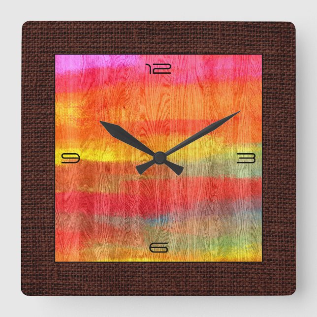 Relógio Quadrado Fronteira Colorida Moderna de Queimada de Madeira  (Frente)