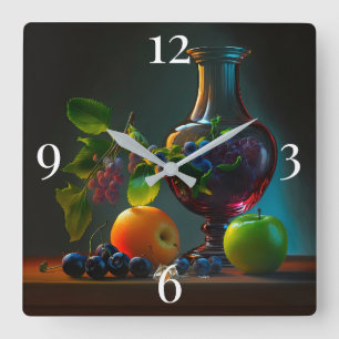 Relógio Quadrado Fruta e Vase Stand Life