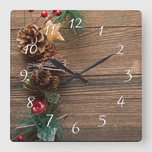 Relógio Quadrado fundo de madeira com pínus (Frente)