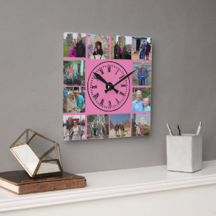 Relógio Quadrado Fundo Rosa de Colagem de Fotografias do viagem