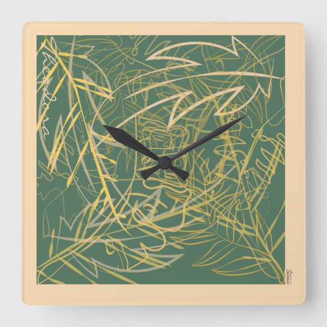 Relógio Quadrado Fundo Verde Folha abstrato Dourada (Frente)
