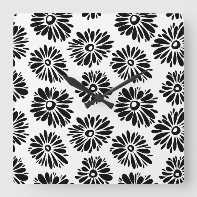Relógio Quadrado Funky Black and white floral (Frente)