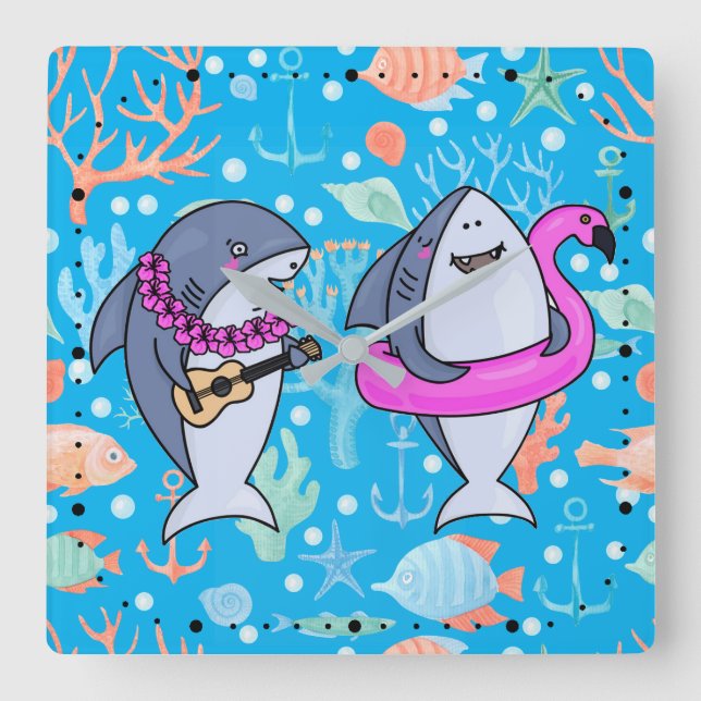 Relógio Quadrado Funny Sharon Undersea Coral Party Ukulele (Frente)