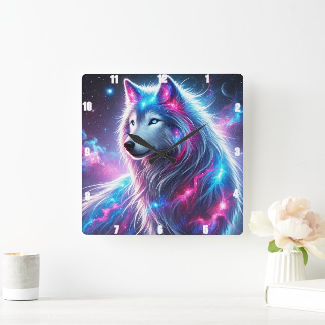 Relógio Quadrado Galáxia vívida Wolf Vibrant Celestial e Eetal (Lar)