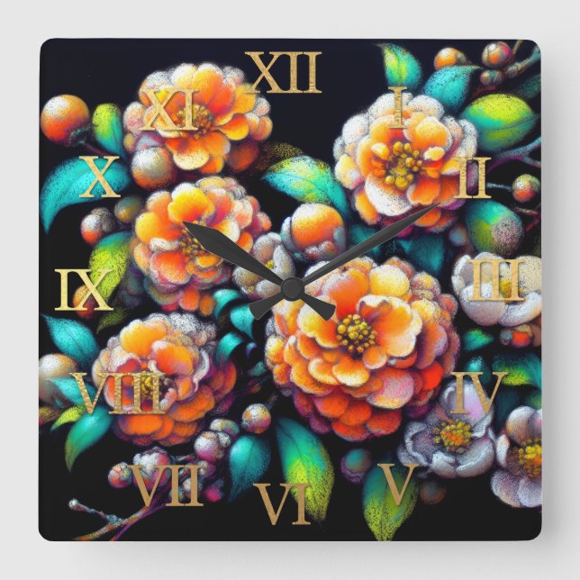 Relógio Quadrado Galeria de Flores Laranja Asiáticas de Desenho do  (Frente)