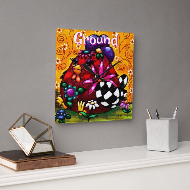 Relógio Quadrado Galinha Floral Chunky Chunky Branca Personalizada (Escritório)