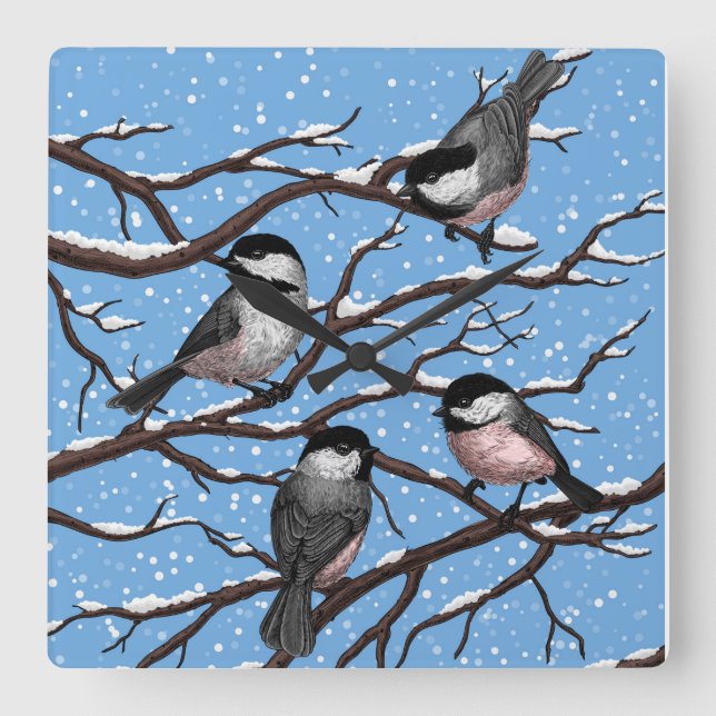 Relógio Quadrado Galinhas no inverno (Frente)