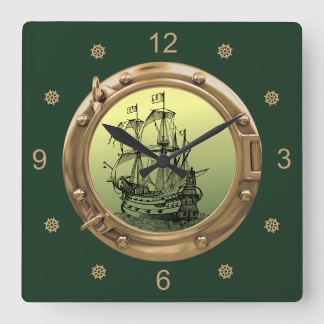 Relógio Quadrado Galleon - Navio de navegação ~ Porthole Brass ~ (Frente)