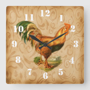 Relógio Quadrado Galo de Campo Rústico Cozinha Ornamentada