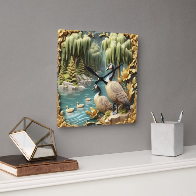 Relógio Quadrado Gansos do Canadá em meio aos chorões (Escritório)