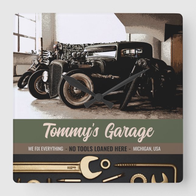 Relógio Quadrado Garagem de motocicleta mecânica personalizada (Frente)