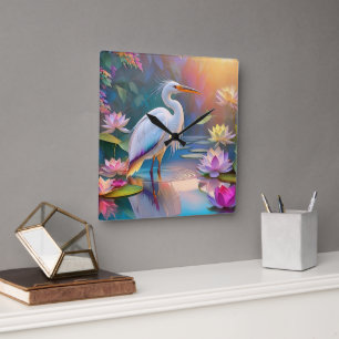 Relógio Quadrado Garça Branca de Bico Laranja Fantasia