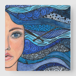 Relógio Quadrado Garota com Pintura de Mão Artística em Azul