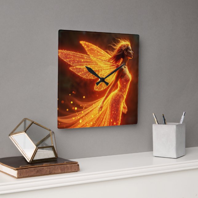 Relógio Quadrado Garota fada vermelha asas brilhantes bonitinhas ne (Escritório)