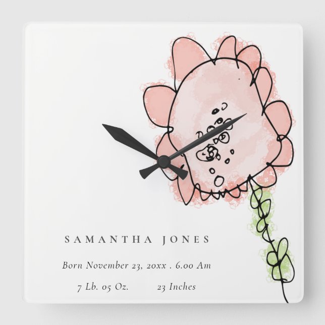 Relógio Quadrado Garoto Bonito Desenhado Blush Peach Flor Nasciment (Frente)