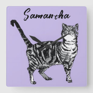 Relógio Quadrado Gata Tabby Preto e Branco Nome Roxo