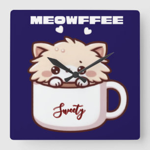 Relógio Quadrado Gatinho de Café Meowffee Fofo Personalizado