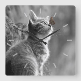 Relógio Quadrado Gatinho de Cinza giro com borboleta no nariz