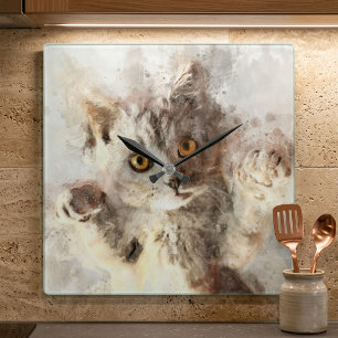Relógio Quadrado Gatinho Divertido em Aquarela com Olhos Amarelos B