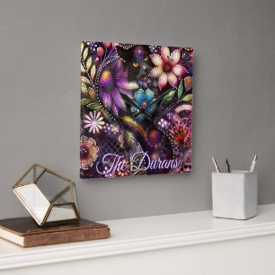 Relógio Quadrado Gatinho Floral Abstrato Personalizado